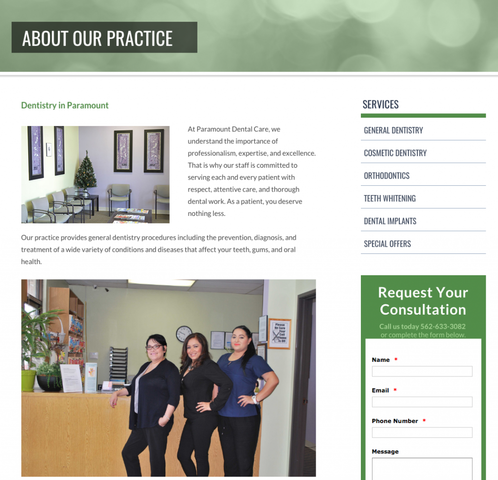 dentist website example office staff